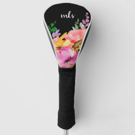 Monogram Chic Pink Watercolor Trendy Floral Black Golf Headcover
