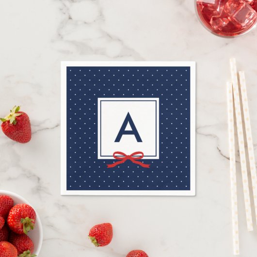 Monogram Chic Red Ribbon Blue Polka Dot Muster Serviette (Beispiel)