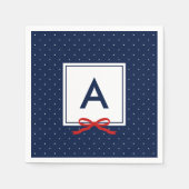 Monogram Chic Red Ribbon Blue Polka Dot Muster Serviette (Vorderseite)