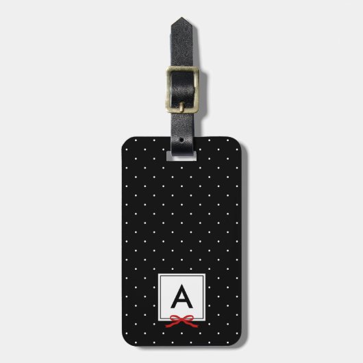 Monogram Chic Red Ribbon Polka Dot Black Gepäckanhänger (Vorderseite vertikal)