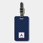 Monogram Chic Red Ribbon Polka Dot Blue Gepäckanhänger (Vorderseite vertikal)