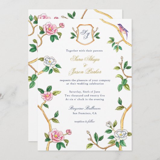 Monogram Chinoiserie Border with Wappen Wedding Einladung (Vorne/Hinten)