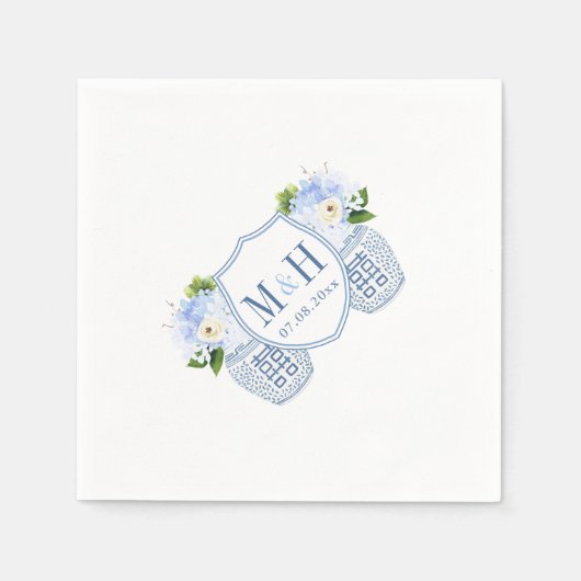 Monogram Chinoiserie Chic Blau und Weiß Hochzeit Serviette (Vorderseite)