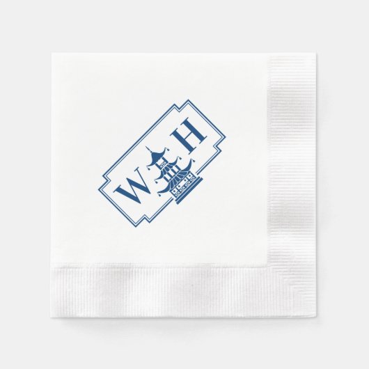 Monogram Chinoiserie Pagoda Diagonal Navy Napkins Serviette (Vorderseite)