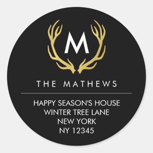 Monogram Christmas Antlers gibt Adresse-Etikett zu Runder Aufkleber (Vorderseite)