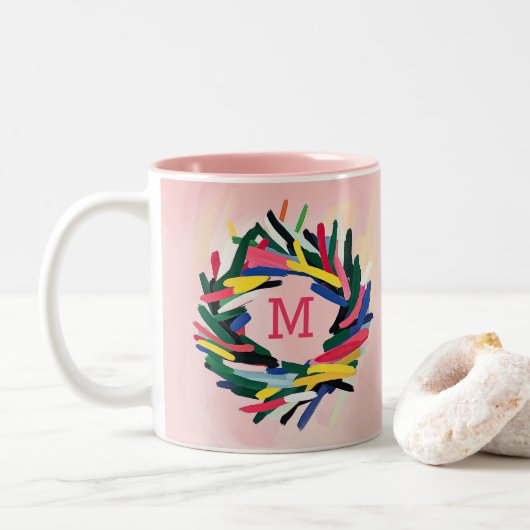 Monogram Christmas Bold farbenfroher Kraut Zweifarbige Tasse (Mit Donut)