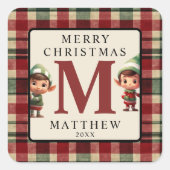 Monogram Christmas Elf Quadratischer Aufkleber (Vorderseite)