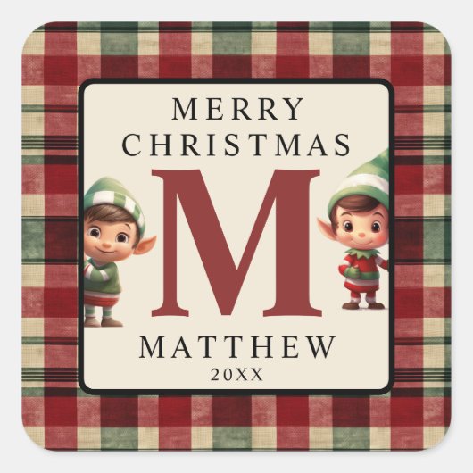 Monogram Christmas Elf Quadratischer Aufkleber (Vorderseite)