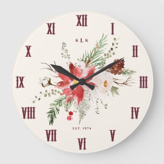 Monogram Christmas Geschenk Poinsettia Weihnachten Große Wanduhr (Vorderseite)