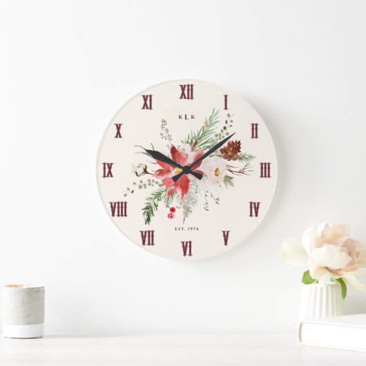 Monogram Christmas Geschenk Poinsettia Weihnachten Große Wanduhr (Zuhause)