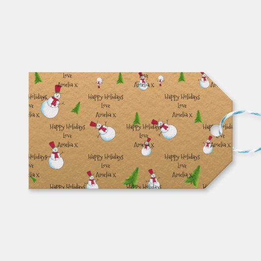 Monogram Christmas Gold Snowman Geschenkanhänger (Vorderseite (Horizontal))