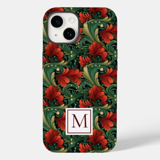 Monogram Christmas Green Art Noveau Case-Mate iPhone Hülle (Rückseite)