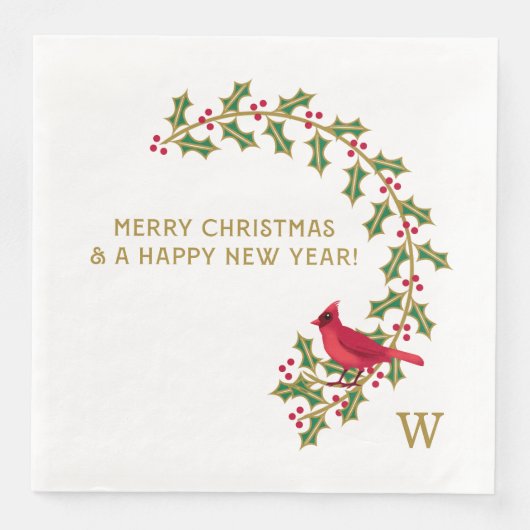 Monogram Christmas Holly and Berries Paper Napkin Serviette (Vorderseite)