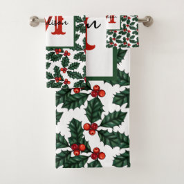 Monogram Christmas Holly Berries Badhandtuch Set