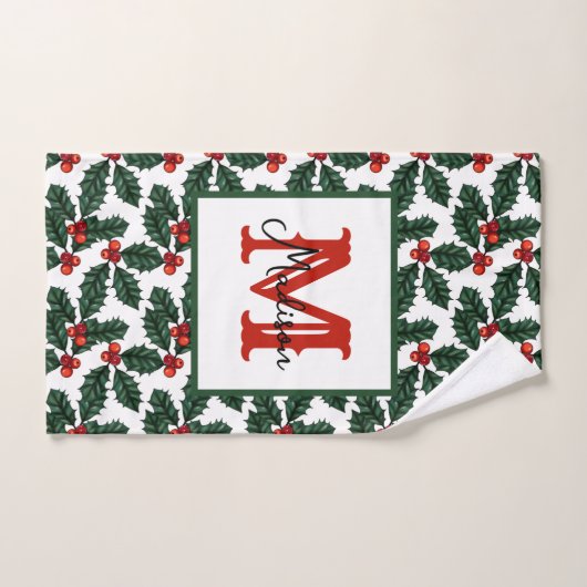 Monogram Christmas Holly Berries Badhandtuch Set (Handtuch)