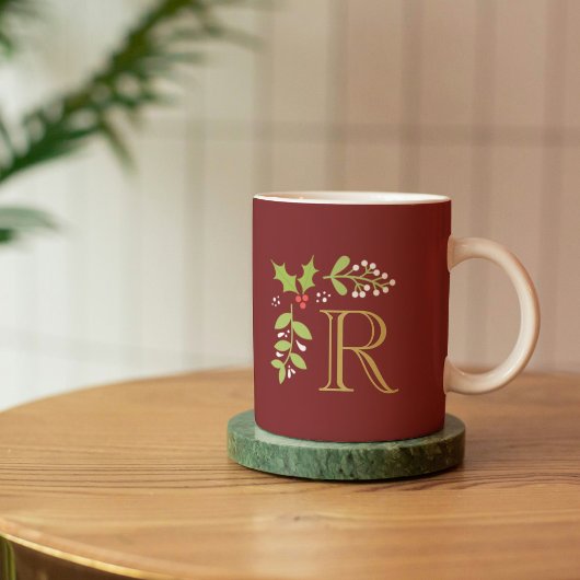 Monogram Christmas Holly & Mistletoe Red Kaffeetasse