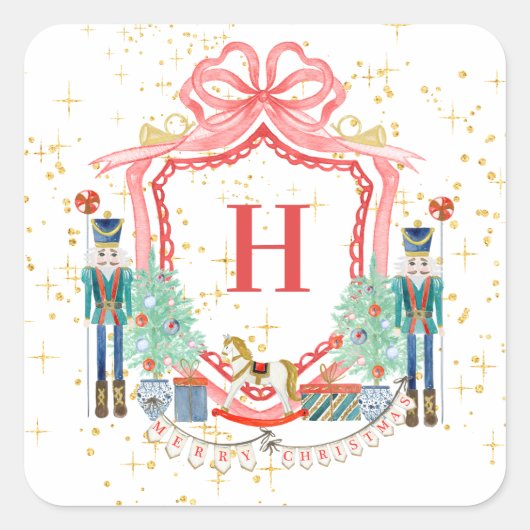 Monogram Christmas Nutcracker Wappen Square Paper Quadratischer Aufkleber (Vorderseite)