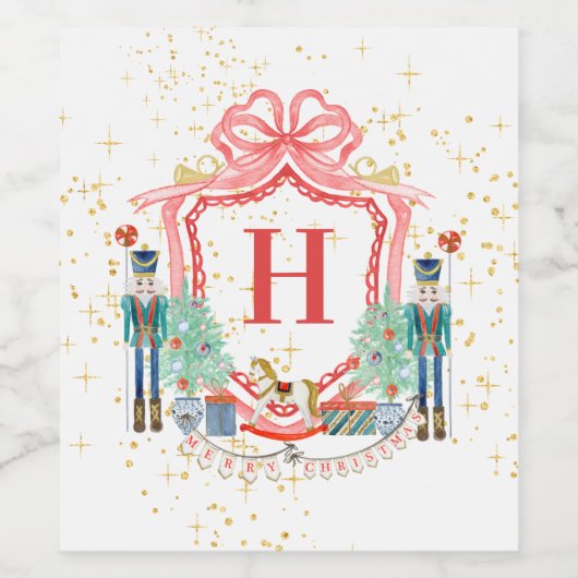 Monogram Christmas Nutcracker Wappen Square Paper Weinetikett (Einzelnes Label)