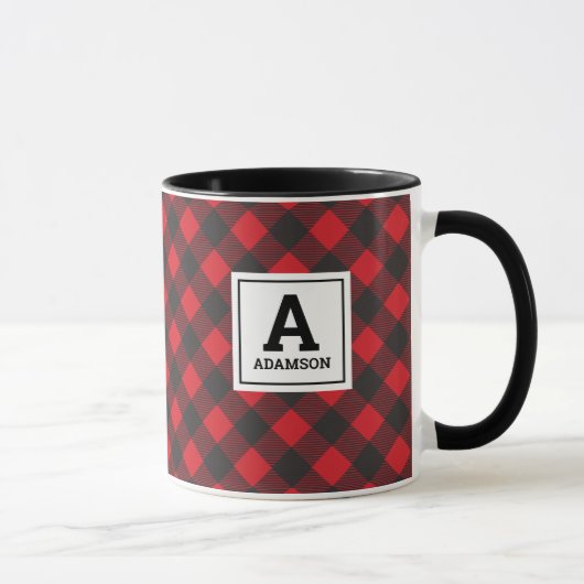 Monogram Christmas Red Black Buffalo Kariert Tasse (Rechts)