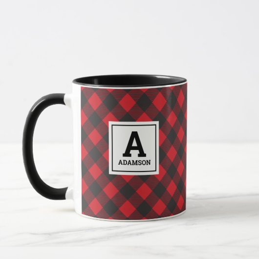 Monogram Christmas Red Black Buffalo Kariert Tasse (Links)
