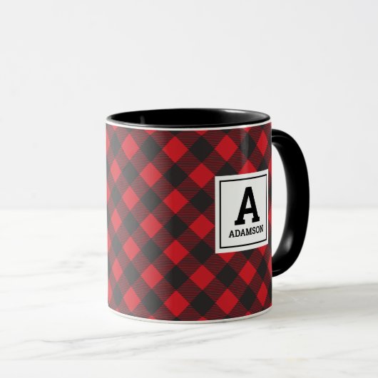 Monogram Christmas Red Black Buffalo Kariert Tasse (VorderseiteRechts)