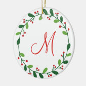 Monogram Christmas Red Holly and Green Wreath Keramik Ornament (Links)