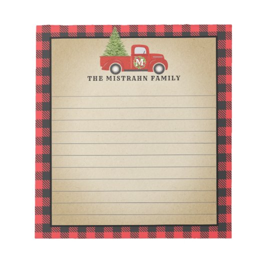 Monogram Christmas Red Truck Buffalo Pläd Notizblock (Vorderseite)