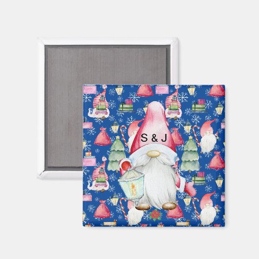 Monogram Christmas Santa Gnome Pattern Blau Magnet (Vorderseite/Rückseite)