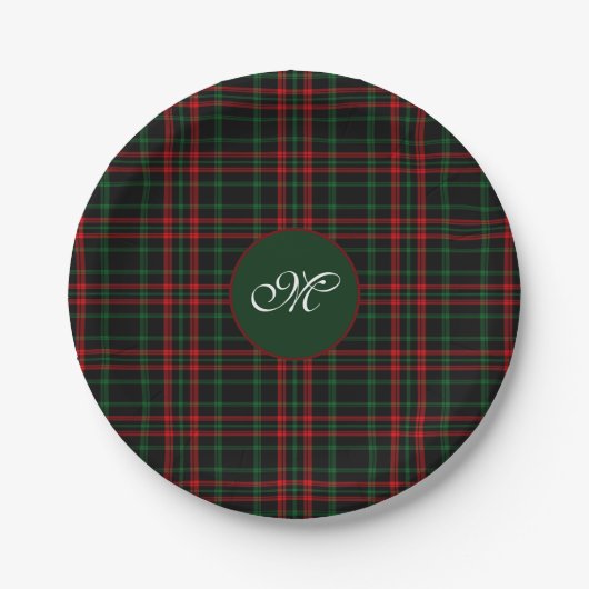 Monogram Christmas Tartan Kariert Red, Green Black Pappteller (Vorderseite)
