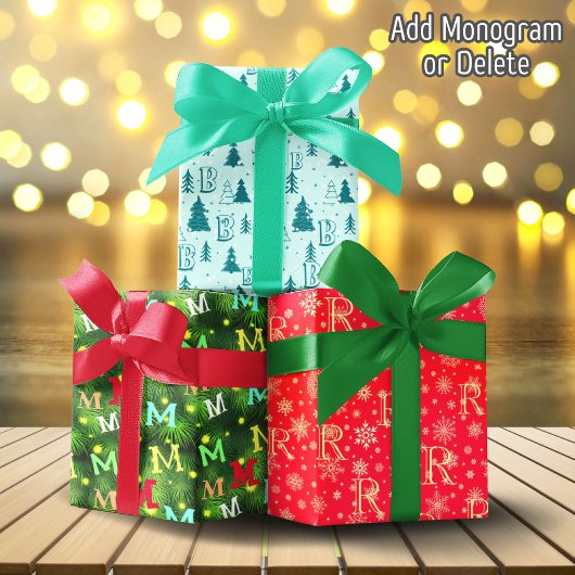 Monogram Christmas Tree Snowflakes Happy Holidays Geschenkpapier Set