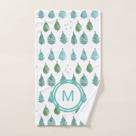 Monogram Christmas Trees Aquamarin Badhandtuch Set (Handtuch)