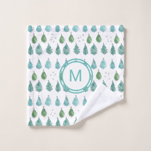 Monogram Christmas Trees Aquamarin Badhandtuch Set (Waschlappen)