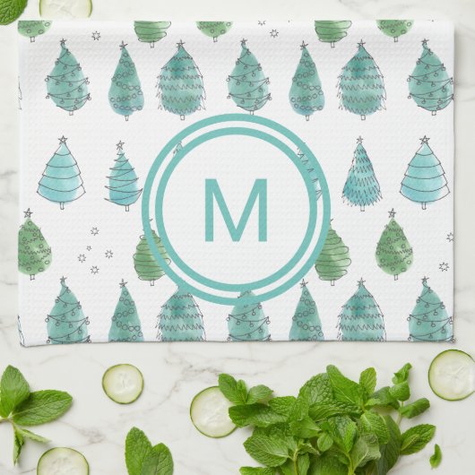 Monogram Christmas Trees Aquamarin Geschirrtuch (Gefaltet)