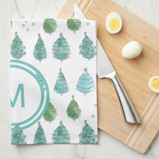 Monogram Christmas Trees Aquamarin Geschirrtuch (Viertel Falte)