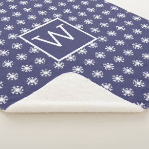 Monogram Christmas White Snow Crystal Navy Blue Sherpadecke