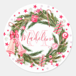 Monogram Christmas Wreath Runder Aufkleber