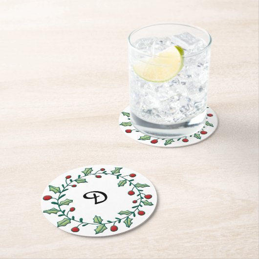 Monogram Christmas Wreath Runder Pappuntersetzer (Vor Ort)