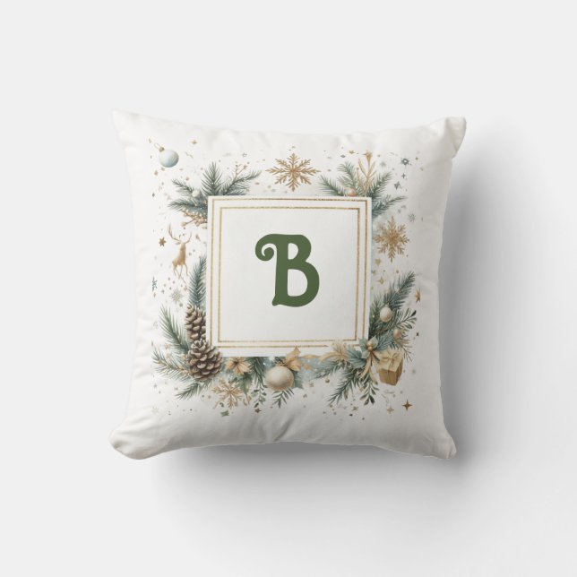 Monogram Christmas Wreath Throw Kissen (Vorderseite)