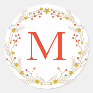 Monogram Christmas Wreath Twig Berry Umschlag Aufk Runder Aufkleber