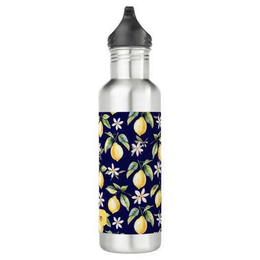 Monogram Citrus Lemon Frucht Botanisches Muster Edelstahlflasche (Rechts)