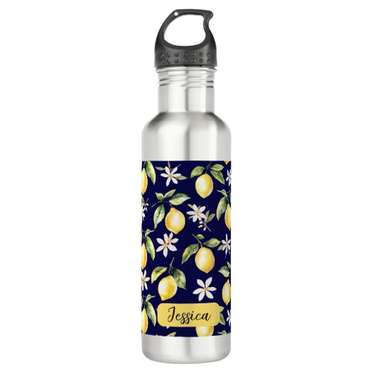 Monogram Citrus Lemon Frucht Botanisches Muster Edelstahlflasche (Vorderseite)