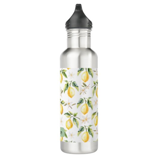 Monogram Citrus Lemon Frucht Botanisches Muster Edelstahlflasche (Rechts)