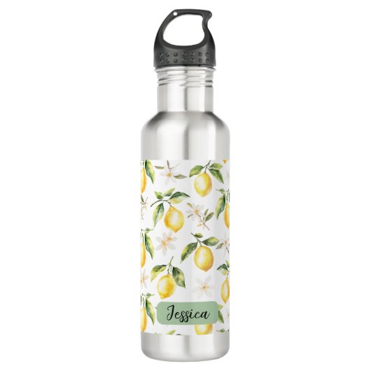 Monogram Citrus Lemon Frucht Botanisches Muster Edelstahlflasche (Vorderseite)