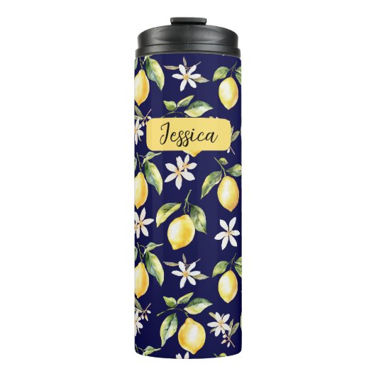 Monogram Citrus Lemon Frucht Botanisches Muster Thermosbecher (Vorderseite)