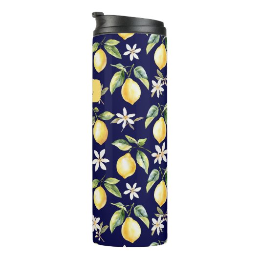 Monogram Citrus Lemon Frucht Botanisches Muster Thermosbecher (Nach rechts gedreht)