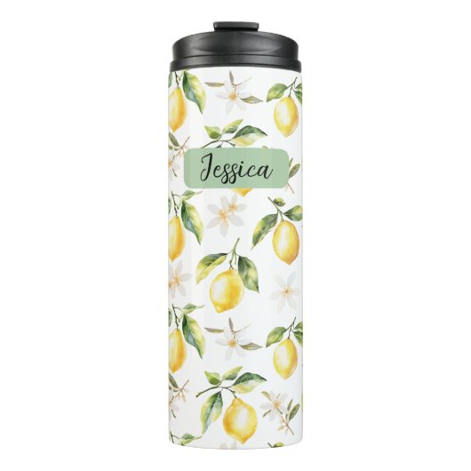 Monogram Citrus Lemon Frucht Botanisches Muster Thermosbecher (Vorderseite)