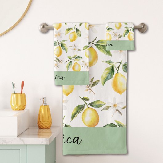 Monogram Citrus Lemon Fruit White Blume Botanisch Badhandtuch Set