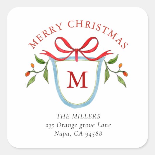 Monogram Citrus Wappen mit Adresse Quadratischer Aufkleber (Vorderseite)