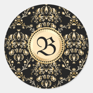 Monogram Class Elegante Gold Damask Mittelalterlic Runder Aufkleber