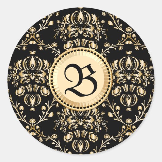Monogram Class Elegante Gold Damask Mittelalterlic Runder Aufkleber (Vorderseite)